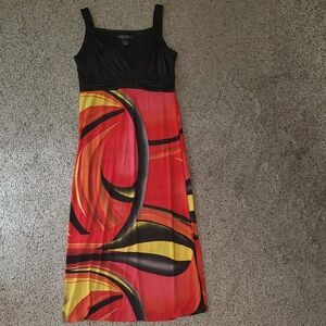 NWOT California Woman Long Vibrant Abstract Printed Flowy Dress